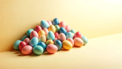 Pastel Easter Eggs with Copy Space, yellow background