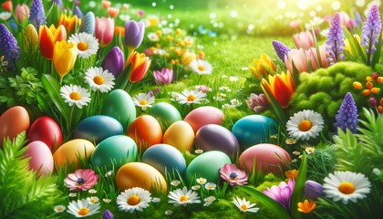 Easter Eggs on meadow with spring flowers