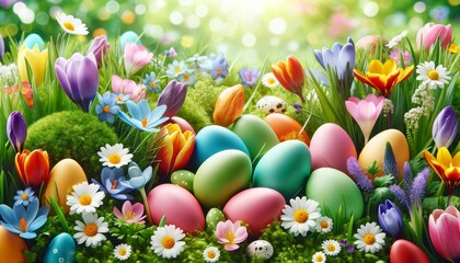 Pastel Easter Eggs on meadow with spring flowers