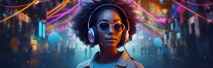 Afro american young womanwith headphones enjoying music surrounded by neon light effects suggesting...