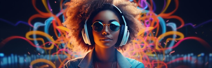 Afro american young womanwith headphones enjoying music surrounded by neon light effects suggesting...