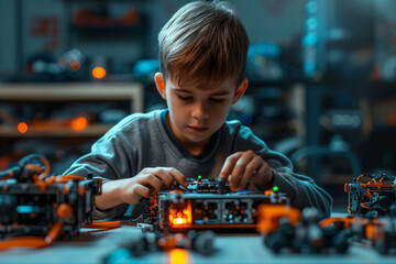 
In robotics school, a little boy learns to construct robots using a constructor kit, diving into the world of hands-on learning and child-friendly robotics.