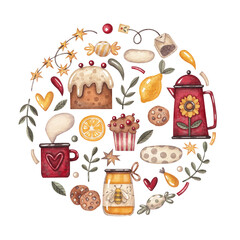 A composition with a teapot, a cup, desserts and various elements in a circle. Watercolor illustration. Food and drinks. Sweet. Branches and leaves. Art. Design. Handmade work. Cute. Tea and coffee. 
