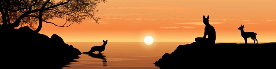 Serene Silhouette: A tranquil scene with animals in the foreground, offering a perfect balance the outdoors and mental well-being