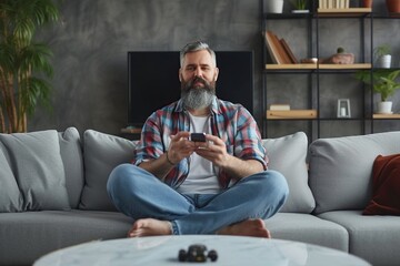 Fototapeta premium middle aged man sitting on his sofa with his mobile