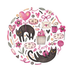 A composition with black cats, balloons, desserts and flowers in a circle. Watercolor illustration. Holiday. Happy Valentine's Day. Pink color. Animals. Love. Art. Design. Cute. Handmade work.