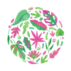 A composition with pink and green tropical leaves in a circle. Watercolor illustration. Plants. Nature. Decorative. Handmade work. Exotic. Handmade work. Art. Design. Stylized. Bright.