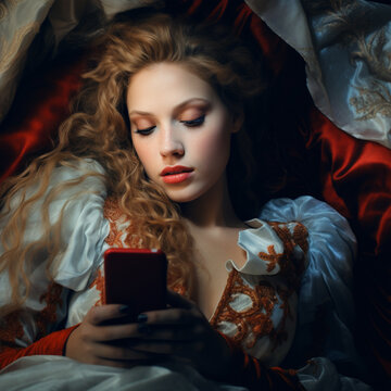 A portrait of a beautiful girl in a royal dress who is sad and looking at her phone.