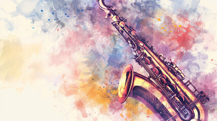 Saxophone in hand drown scetch style on watercolor pastel color background