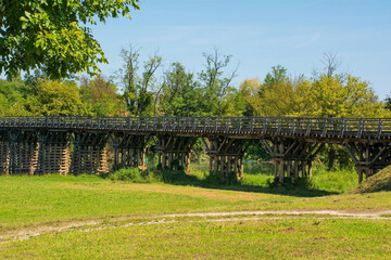 The Drveni Most wooden bridge over the Korana River in Karlovac, central Croatia