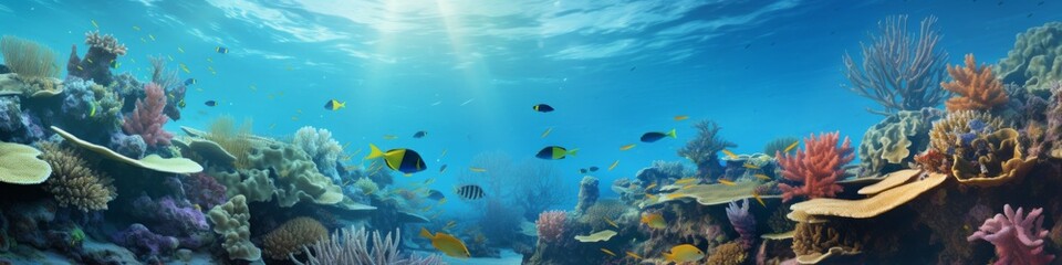 Naklejka na ściany i meble Ocean Conservation Spotlight: Marine life flourishing against a vivid coral reef, providing a captivating banner 