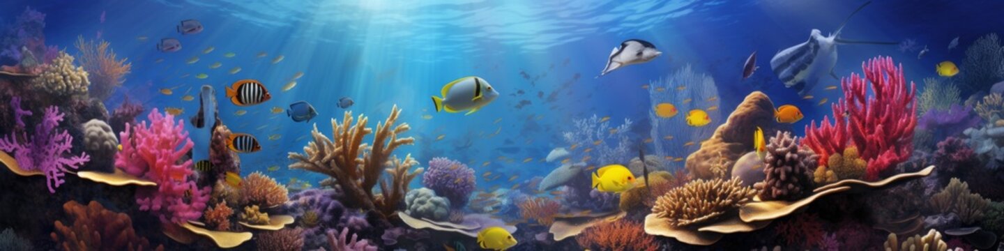 Ocean Conservation Spotlight: Marine life flourishing against a vivid coral reef, providing a captivating banner 