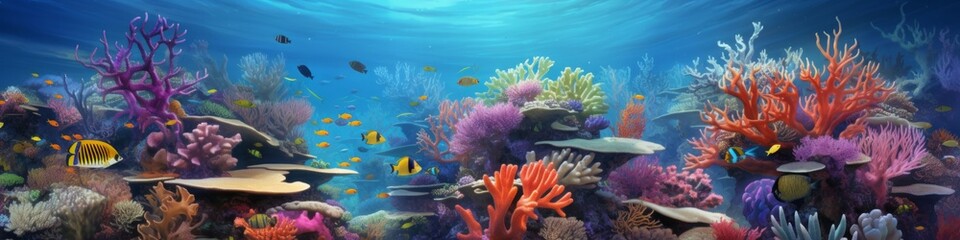 Ocean Conservation Spotlight: Marine life flourishing against a vivid coral reef, providing a captivating banner  - obrazy, fototapety, plakaty
