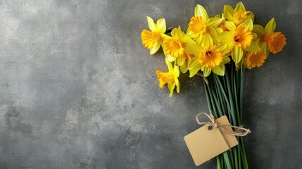 Yellow daffodils with label on gray grunge background. Generative AI
