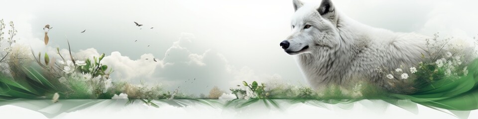 Obraz premium Panoramic banner with a white wolf, showcasing, wildlife, the beauty of the big outdoors, its importance to everyone's mental well-being.
