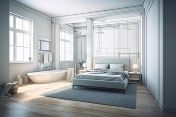 draft of a blueprint project, a luxurious bedroom with a bathroom, parquet flooring, a large window with stained glass, a double bed, a bathtub, and a carpet with poufs,