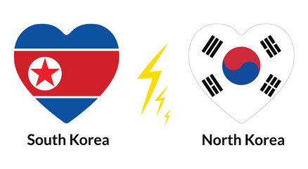 Fototapeta premium South Korea vs North Korea. Flags of South Korea and North Korea in heart shape