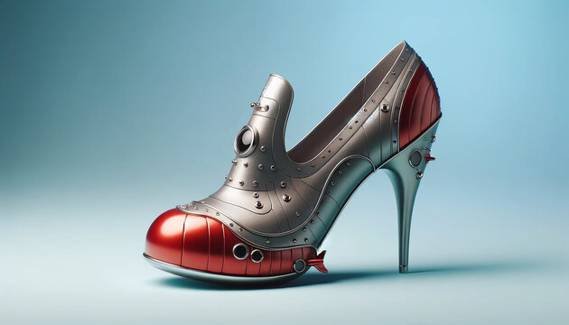 Funny submarine style woman shoe with high heel isolated on blue background, creative and unique fashion design