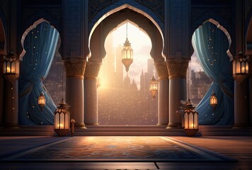 Ramadan Kareem background with mosque Islamic style arches 