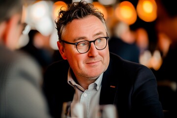 Fototapeta premium Portrait of a thoughtful businessman wearing glasses, looking serious during an indoor meeting or discussion.
