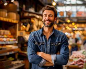 Fototapeta premium Cheerful bearded man smiling confidently with arms crossed, standing in a casual market environment.