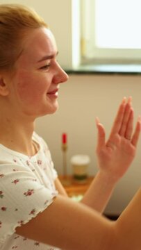 sister's friends hand-clapping games. middle plan. vertical video.