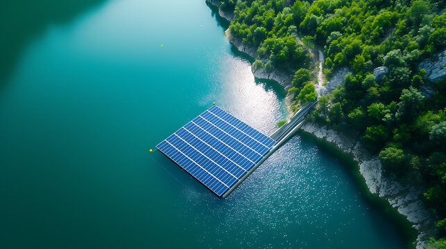 Aerial view/solar panel floating in the dam a clean energy source. Generative AI