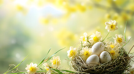 Birds Nest With Eggs and Daffodils
