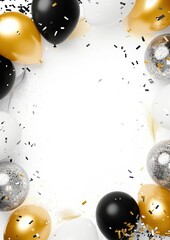 Party celebration background with copyspace, framed by black golden silver balloons