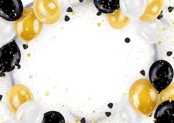 Poster Party celebration background with copyspace, framed by gold white and black balloons © leftmade