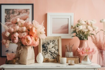 Decorated interior of a home. Pink frame, vase of flowers, and other interior accents