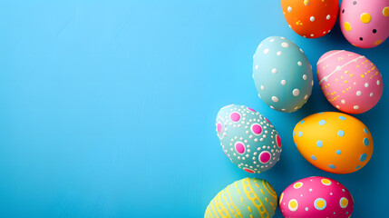 Fototapeta na wymiar Group of Painted Easter Eggs on Blue Background