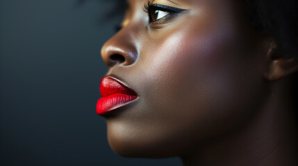 Side profile of a black woman wearing red lipstick on her lips