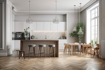 Fototapeta premium The wooden kitchen cabinet doors are blank canvases. A breakfast bar, two stools, two pendant lamps, and a parquet floor are all features of a contemporary decor. a mockup a notion for a contemporary 