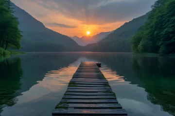 Foto auf Leinwand A serene lake with a wooden dock and a radiant sunset. Created with generative AI. © Quality Arts