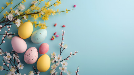Obraz na płótnie Canvas Assorted Eggs and Flowers on Blue Background