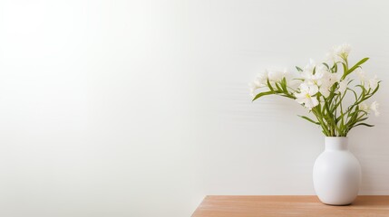 White Vase Filled With White Flowers on Wooden Table. Copy space