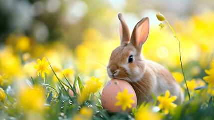 Rabbit Eating Egg in Field of Flowers
