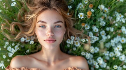 Fototapeta premium Idyllic Spring Beauty - Young Woman Amidst a Field of White Daisies Under Blue Sky