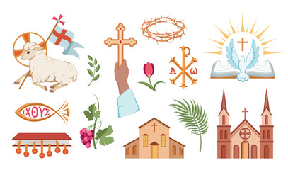 Religious christian signs and symbols. Set of colorful icons. Church, hands holding cross, fish, dove and bible. Book with seven seals. Lamb is symbol of Christ's sacrifice. Isolated. Vector - 725028270