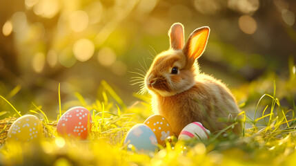 Rabbit Sitting in Grass Next to Eggs