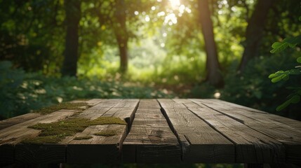 a boreal forest backdrop, featuring an empty wooden table perfect for displaying product mockups, capturing the natural beauty and serenity of the wilderness in a picturesque composition.
