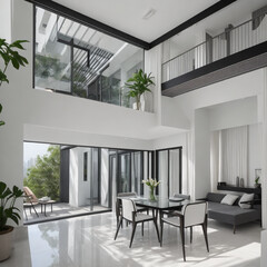 view of interior terrace art deco style , minimalist, cozy, sleek, with a view with a good angle lenses with long focus, high detail.