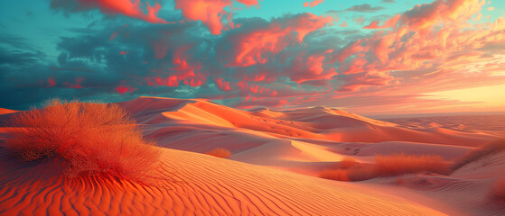 Red sand dunes with clouds in blue sky in the style