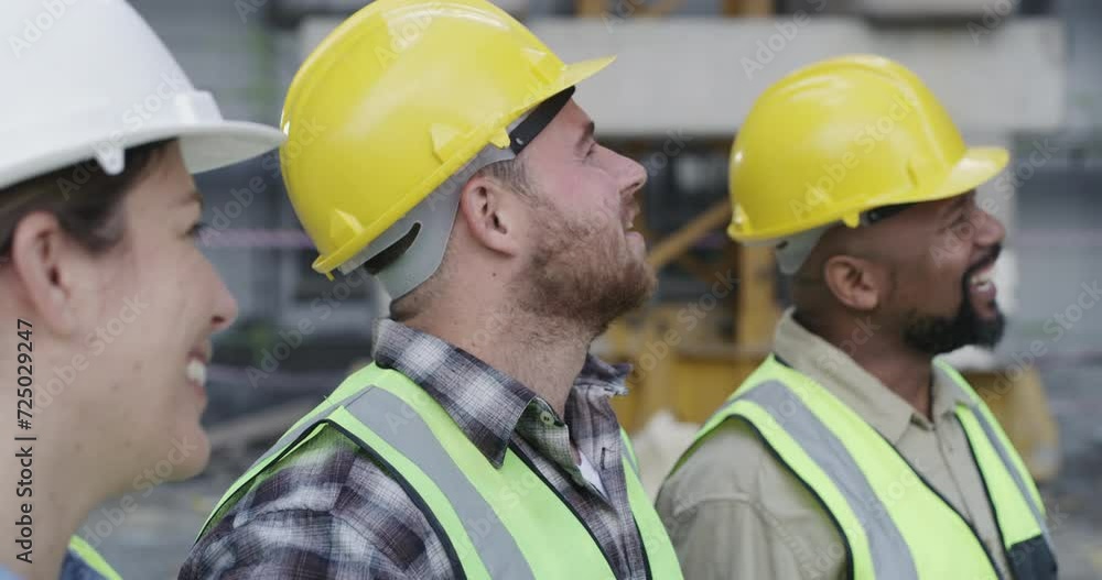 Poster laughing, construction site or happy people in conversation for architecture development or building