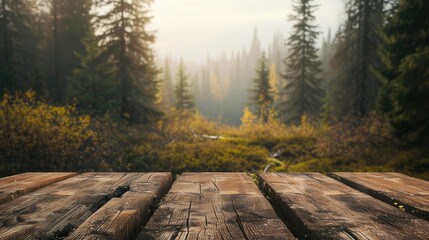 a boreal forest backdrop, featuring an empty wooden table perfect for displaying product mockups, capturing the natural beauty and serenity of the wilderness in a picturesque composition.