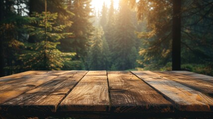 a boreal forest backdrop, featuring an empty wooden table perfect for displaying product mockups, capturing the natural beauty and serenity of the wilderness in a picturesque composition.