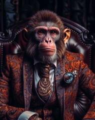 Monkey dressed in an elegant and modern suit with a nice tie. Fashion portrait of an anthropomorphic animal, chimpanzee, chimp, shooted in a charismatic human attitude