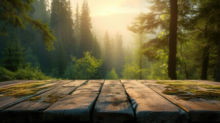 a boreal forest backdrop, featuring an empty wooden table perfect for displaying product mockups, capturing the natural beauty and serenity of the wilderness in a picturesque composition.