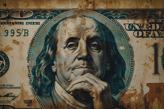 Benjamin Franklin's contemplative portrait on aged $100 bill